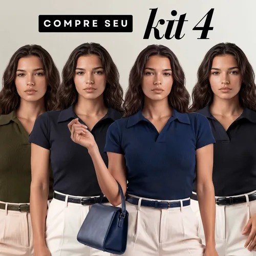 Kit 4 Camisa Gola Polo Feminina Canelada Manga Curta Lisa Dois Pretos Verde E Azul G/gg (44/48) Liso