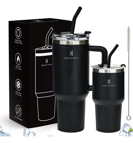 Kit Copo Térmica Inox 1200ml & 600ml Com Tampa E Canudo Preto Cor Pura