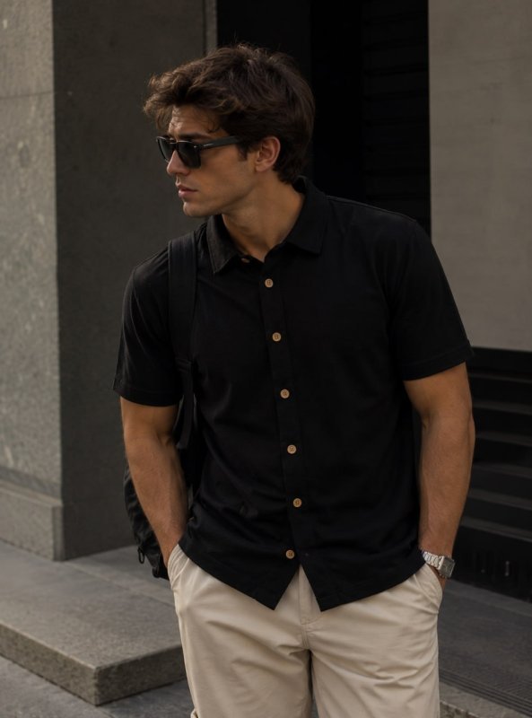 Camisa Masculina Slim De Malha Eco Com Botões De Madeira