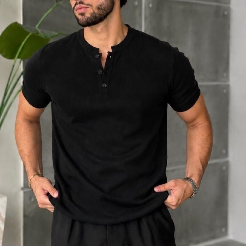 Camiseta Henley Masculina Slim Fit Algodão Manga Curta