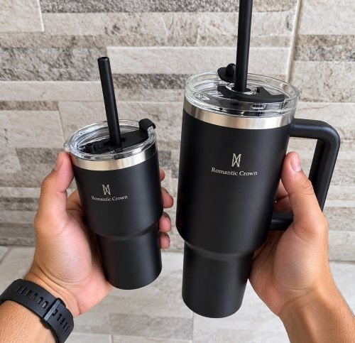 Kit Copo Térmica Inox 1200ml & 600ml Com Tampa E Canudo Romantic Crown