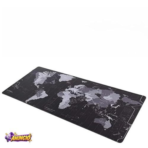 Mouse Pad Gamer 80x30, Mapa Mundi, Base Antiderrapante, Preto e Cinza, Grande, Escritório e Gaming