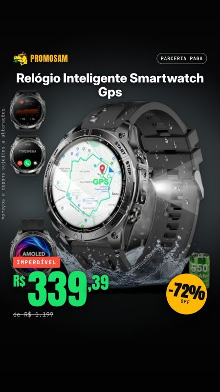 Relógio Inteligente Smartwatch GPS 5ATM AMOLED Mapas Offline