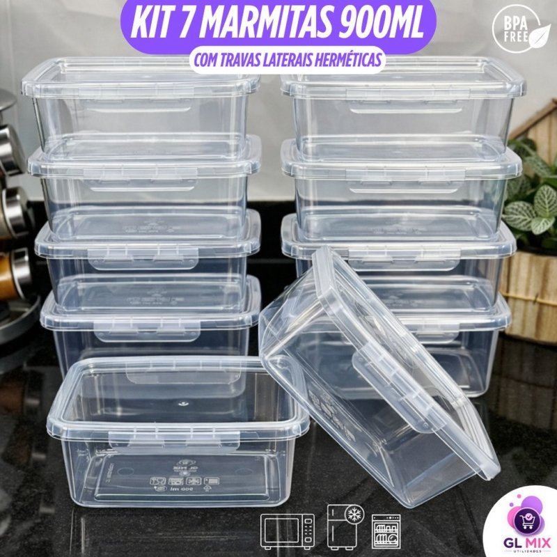 Kit 7 Marmitas 900ml Travas Laterais Herméticas Reutilizáveis - BPA FREE para Alimentos e Congelador