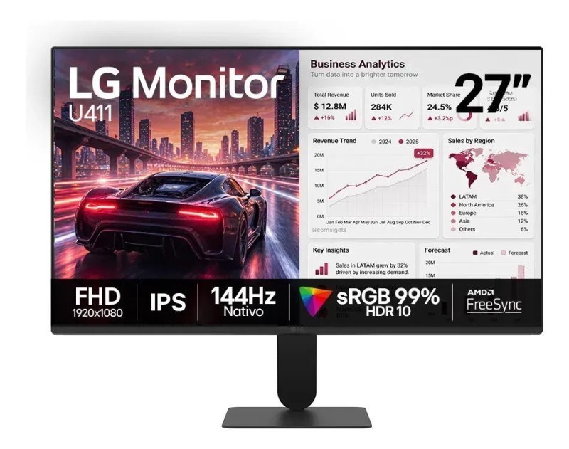Monitor Lg Fhd Gamer & Office tela Ips 27”, 1ms (Mbr), 144Hz Nativo, FreeSync, Hdr10, sRGB, Modo leitura, Flicker Safe, Hdmi, Black Stabilizer, Dynamic Action Sync, Preto 27U411b