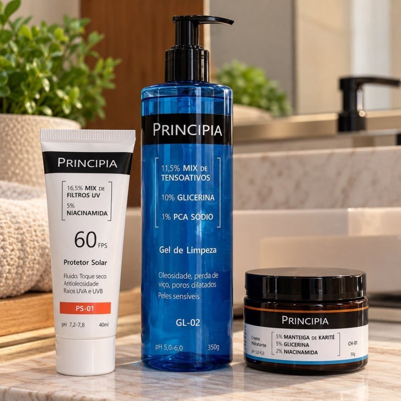 Kit Principia - Gel de Limpeza, Protetor Solar e Creme Hidratante