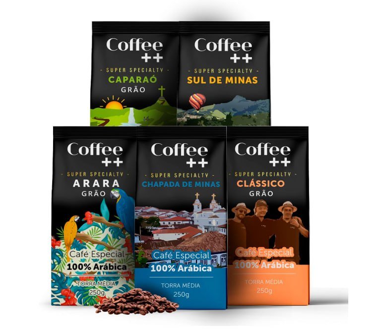 Kit 5 Pacotes Café Especial em Grãos Coffee Mais Variedades: Arara, Sul de Minas, Caparaó, Chapada de Minas e Clássico - 100% Arábica (5x250g)