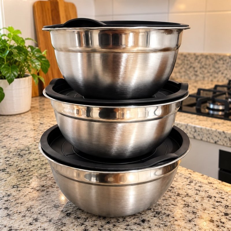 Kit 3 Bowls Inox Com Tampa Hermética 22cm 20cm 18cm