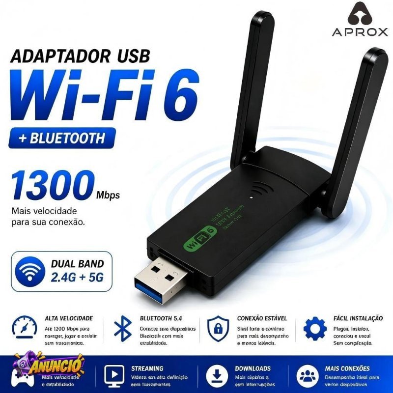 Adaptador USB Wi-Fi 6 Dual Band 2.4GHz+5GHz Até 1300Mbps Alta Velocidade para Notebook e Desktop