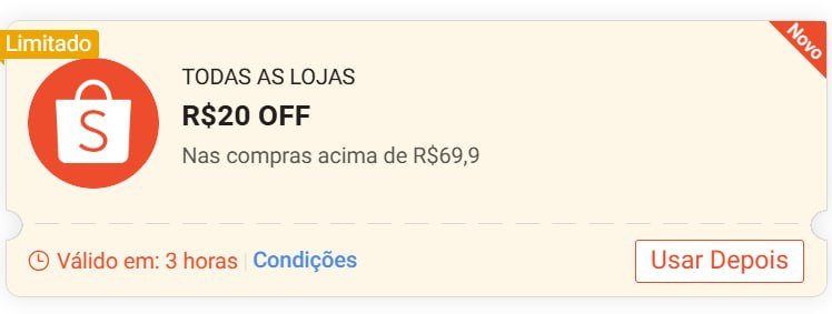 Cupom Shopee - R$ 20 OFF em compras a partir de R$ 69