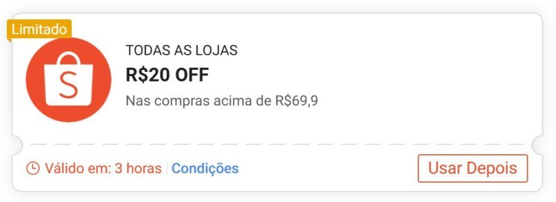 Cupom Shopee - R$ 20 OFF em R$ 69.90