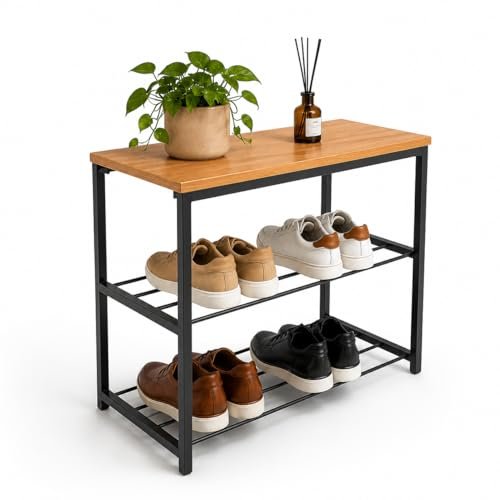 Sapateira Banco Industrial Para Hall/Closet/Quarto 2 Prateleiras em Chapa de Aço - LH Móveis (Cedro)