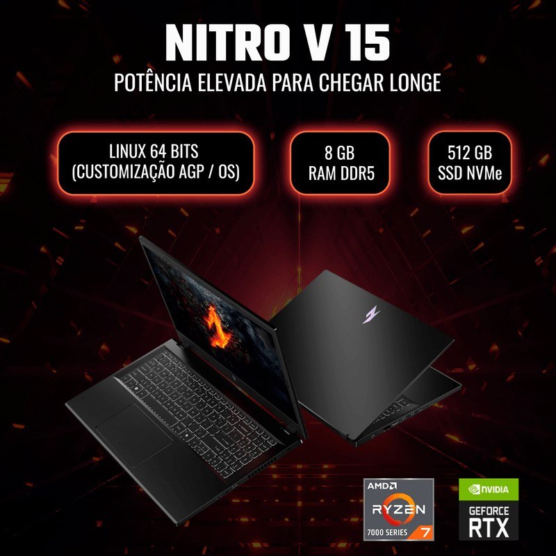 Notebook Gamer Acer Nitro V15 ANV15-41-R6J0 AMD Ryzen™ 7 7735HS 8GB RAM 512GB SSD RTX 4050 Linux 15.6”