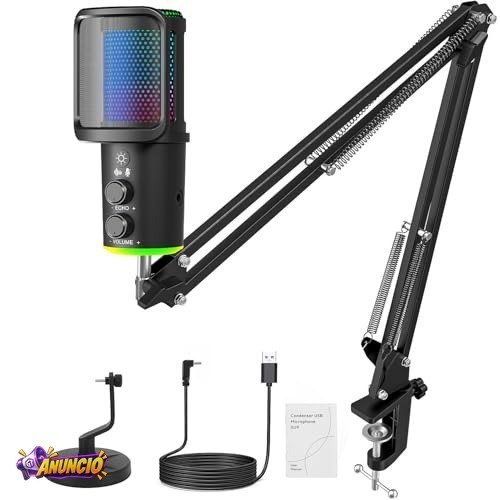 Microfone RGB, NEW USB Mic para PC/Notebook, com Arm, Condensador Mic, Aplicável Live, Podcast, Gravação de Audio, Karaoke, DJ, Gamer Youtuber