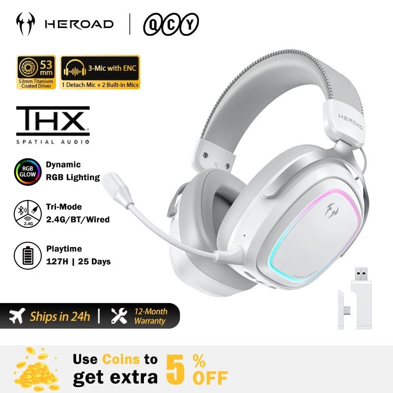 Headset Sem Fio QCY Heroad GT2 THX Spatial Audio+ 7.1.4 Tri-mode RGB 3-Mic ENC Over Ear para PC/PS4/PS5