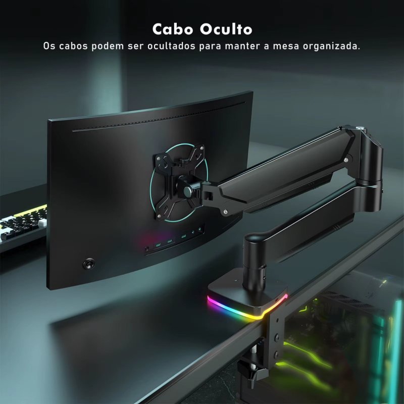 Suporte Articulado para monitor com RGB, 2 entradas USB-A, 1 entrada USB-C