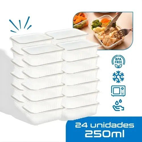 24 Marmitas 250ml Comida Fitness Pote Descartável Retangular Plástico Freezer Microondas Com Tampas - Montza