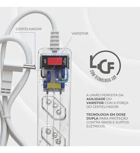 iCLAMPER Energia 5 Tomadas LCF Transparente Filtro de Linha e Protetor Elétrico DPS Bivolt