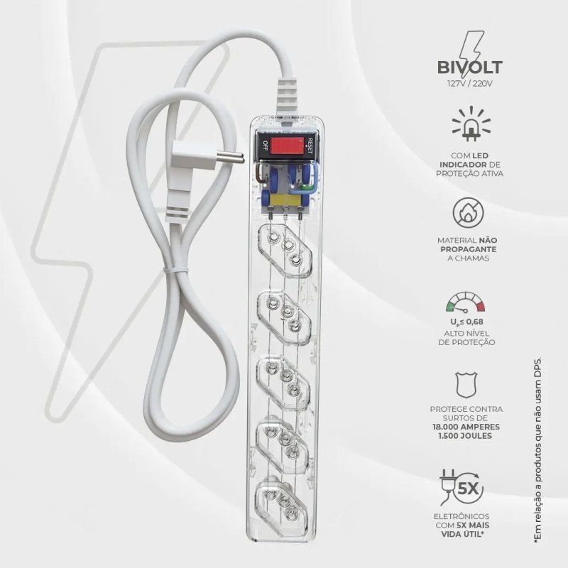 iCLAMPER Energia 5 Tomadas LCF Transparente Filtro de Linha e Protetor Elétrico DPS Bivolt