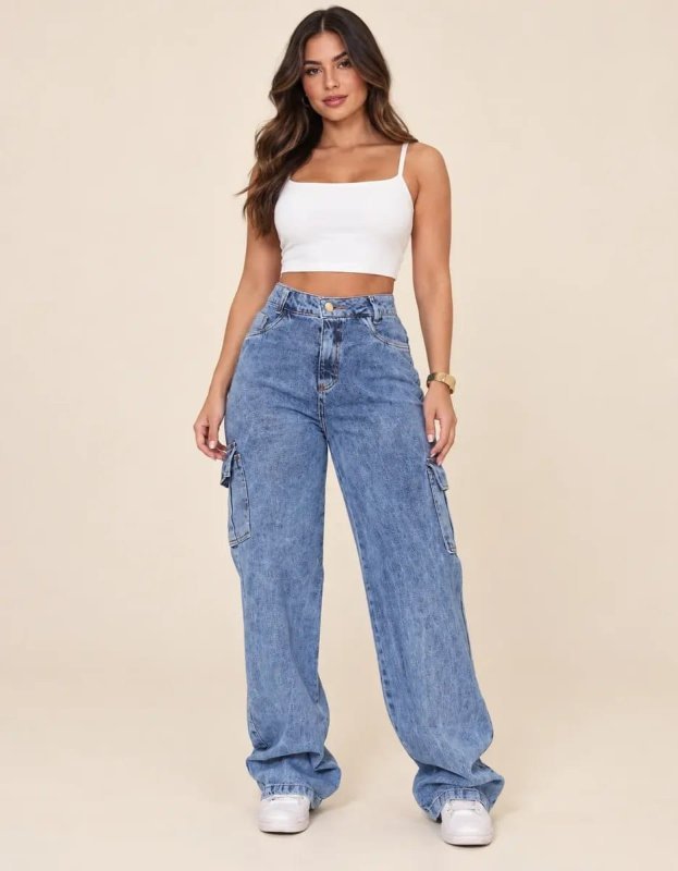 Calça Jeans Feminina Wide Leg Cintura Alta Cargo Pantalona + Frete Grátis