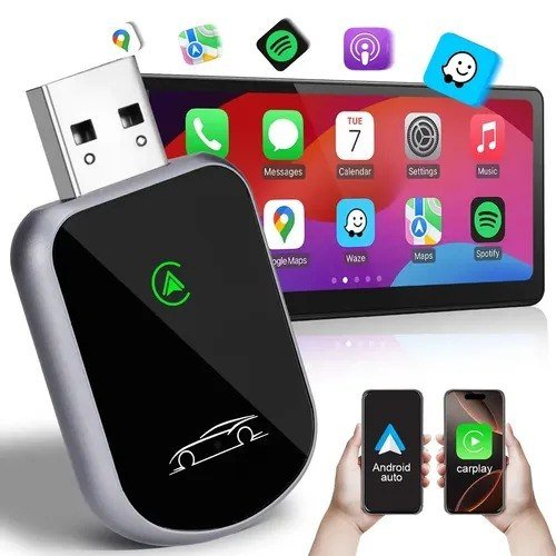 Adaptador CarPlay Sem Fio e Android Auto Wireless para USB/USB-C, com iPhone e Android, Plug and Play