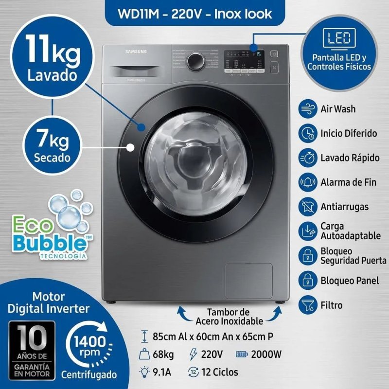 Lava E Seca Samsung Wd11m Com Digital Inverter Inox 11kg Cor Inox Look