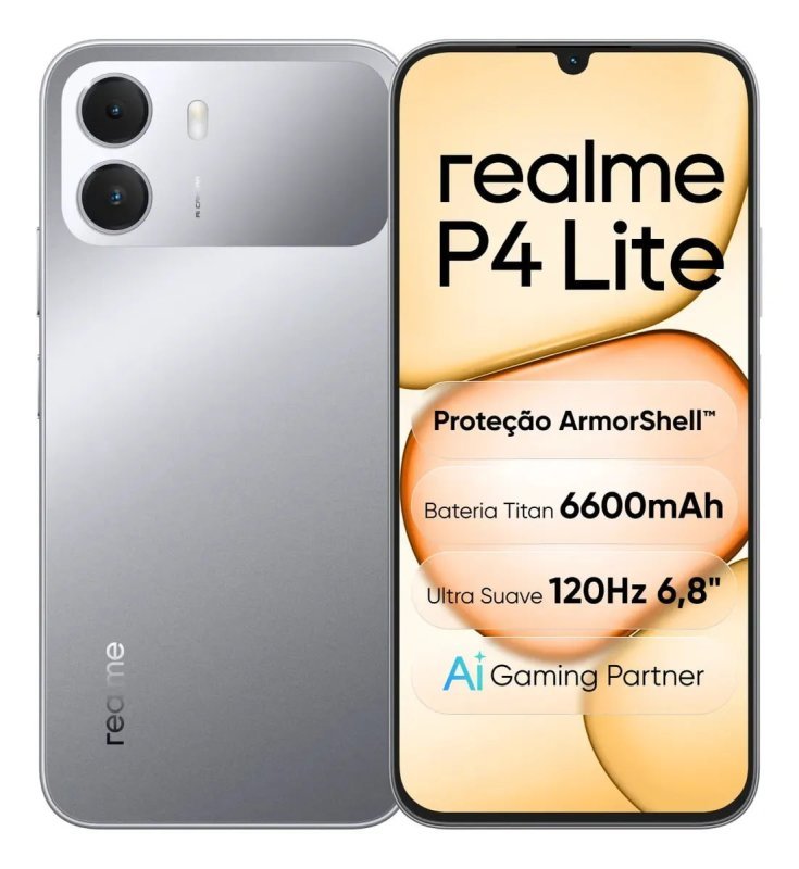 Smartphone realme P4 Lite 128GB, 4GB RAM + 6GB RAM Virtual, Dual SIM, Tela 6,8” 120Hz, Bateria 6.600mAh – Cinza