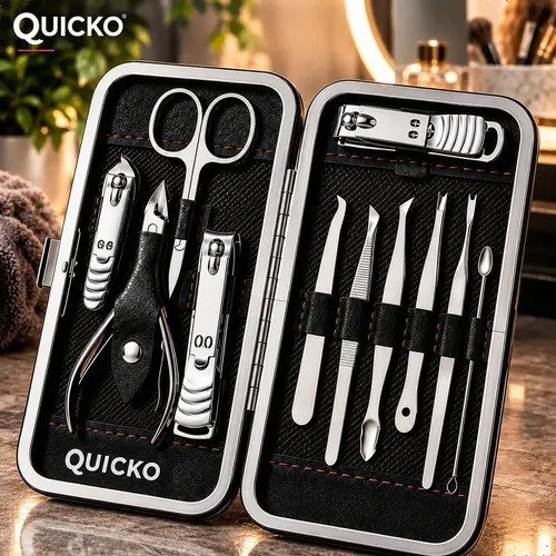 Kit Manicure Portátil Estojo Alicate Cortador De Unha 12 Pç - Desencravador De Unha Alicate Lixa Profissional Premium Tesoura Empurrador De Cutículas Marca Quicko