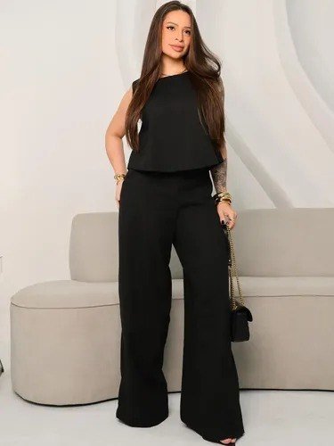 Conjunto Alfaiataria Calça Pantalona E Cropped Linho