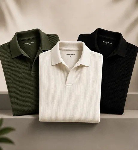 Kit Camisa Polo Masculina Canelada Gola Italiana Sem Botao Kit 3 - Verde Militar / Off / Preto G