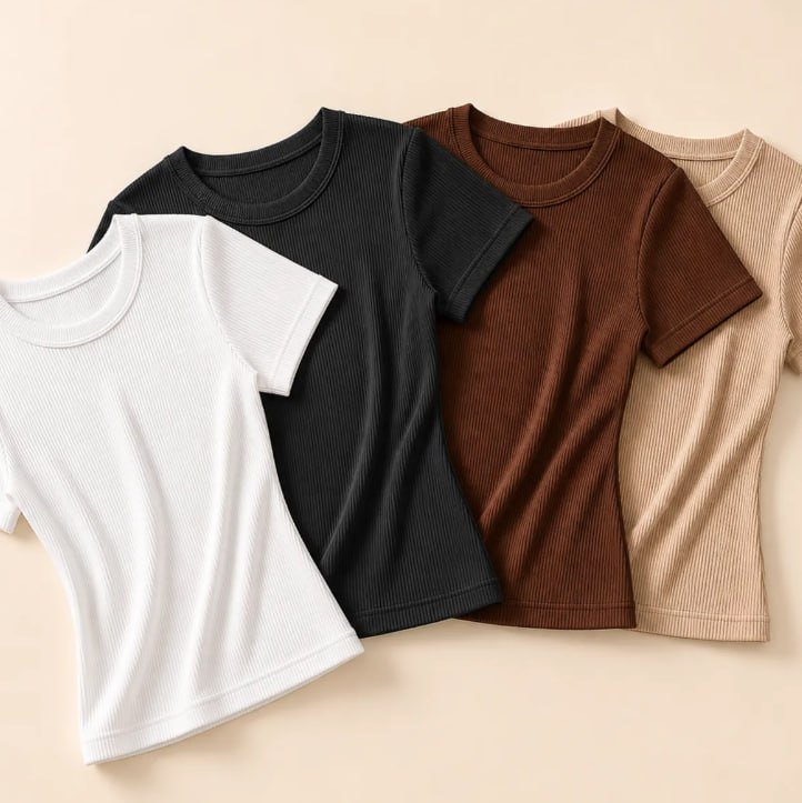 Kit 4 Blusa Feminina Baby Tee Casual Ribana Canelada Slimfit