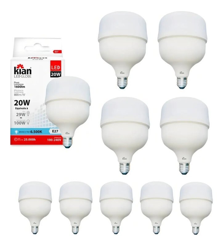 Kit 10 Lâmpadas Led 20w Bulbo E27 6500k Branco Frio Kian