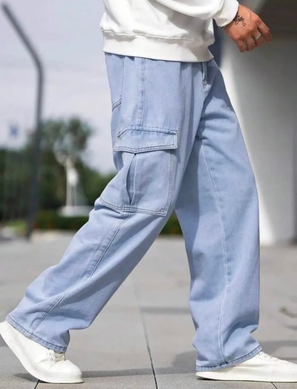 Calça Cargo Jeans Larga Bolsos Lateral Streetwear