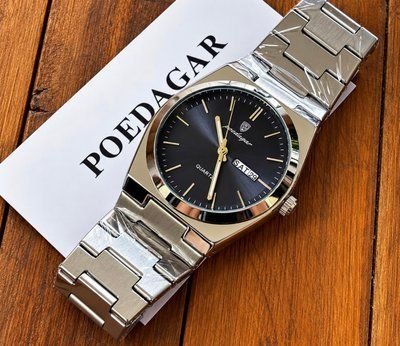 Relógio Poedagar Suiço Masculino Aço Inox Old Money C/caixa Prateado Preto