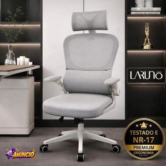 Cadeira de Escritório Ergonômica cinza Giratória com Apoio Lombar e Braços Ajustáveis - LARUNO
