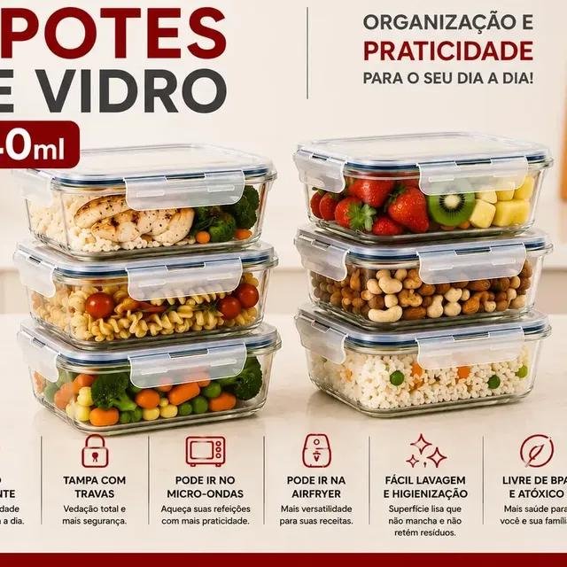 Kit 6 Potes 640ml Vidro Hermético 4 Travas Marmita Refratário Star House