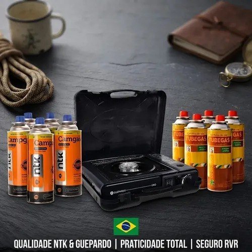Kit Fogareiro Fogão Portátil Pesca Camping +4un Refil Carga