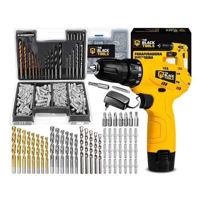 Parafusadeira Furadeira 3/8 A Bateria Tb12a The Black Tools Jogo Brocas E Buchas 300 Peças