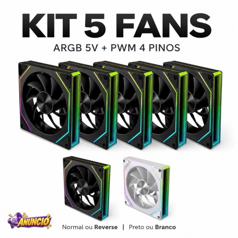 Kit 5 Cooler Fan ARGB Prism Pro 6 120mm 5V 3 Pinos PWM 4 Pinos Normal/Reverse Preto ou Branco
