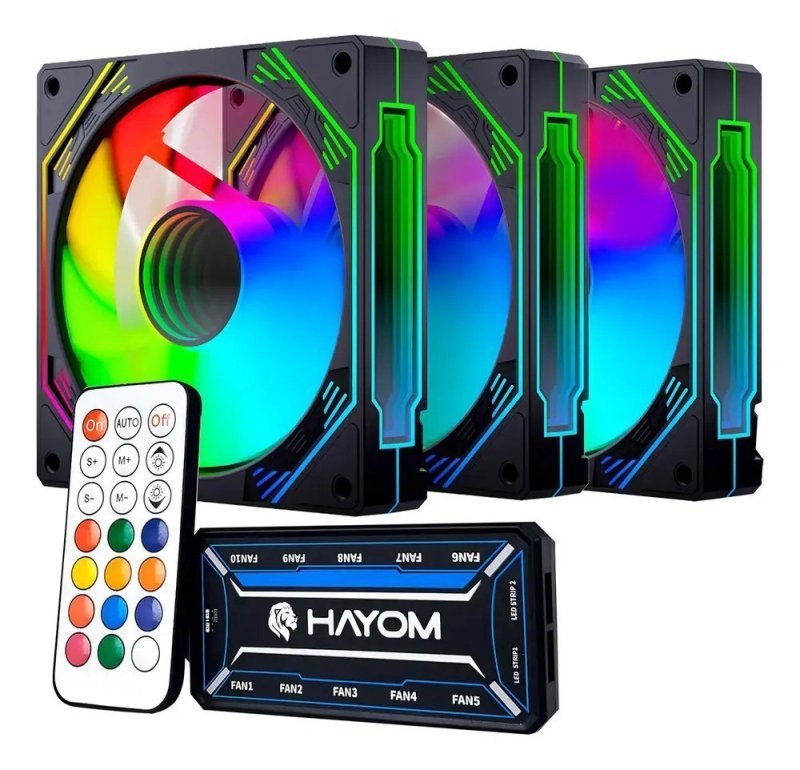 Kit 3 Coolers RGB Hayom, 120mm, Controladora, Preto, Fc1308