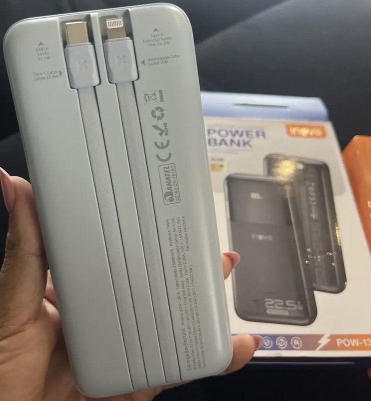 Power Bank 20000mAh Portátil 22.5W com Cabo Embutido