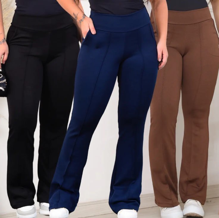 Kit 3 Calça Feminina Flare Bailarina Cintura Alta Com Bolsos