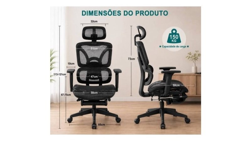 Cadeira Presidente Ergonomica Escritorio Mesh Reclinavel Com Apoio De Pes Retratil E Apoio De Cabeça