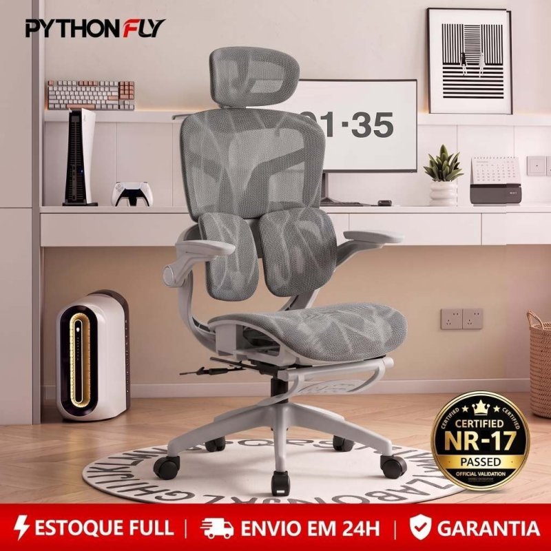 Cadeira Python Fly Ergonômica com Encosto 4D e Coluna S Mesh Respirável, 3 Posições, Ajuste de Altura, Ideal para Home Office