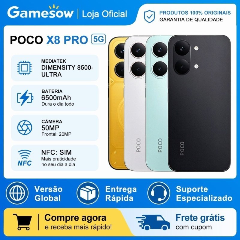 Xiaomi Poco X8 PRO 5G, Versão Global, MediaTek Dimensity 8500-Ultra, Bateria 6500mAh, Câmera 50MP