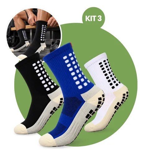 Kit 3 Pares Meia Antiderrapante Esportiva Futebol Treino Pro