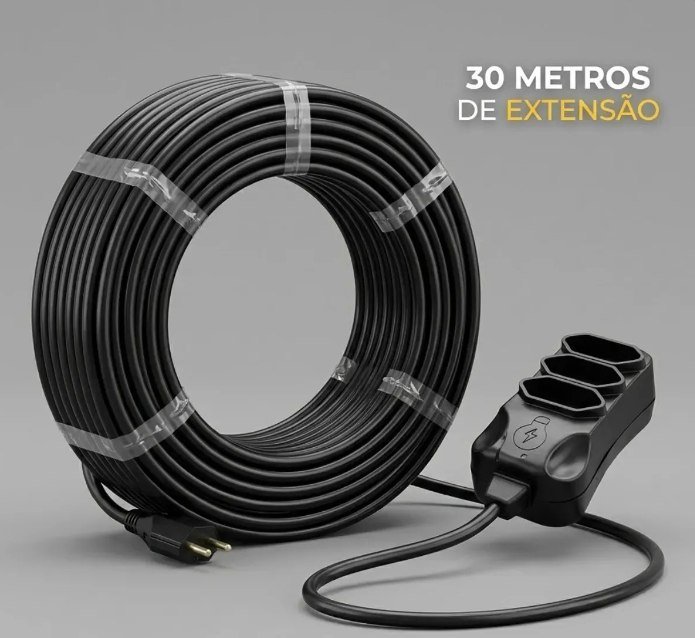 Extensão Elétrica 30 Metros Reforçada 3 Tomadas Cabo Resistente 10a 20a Bivolt Uso Profissional Residencial Obra Alta Durabilidade