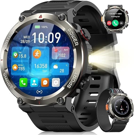 Smartwatch Militar Blackview, Chamadas Bluetooth, Bateria de 960mAh, Lanterna LED, Bússola, 150+ Modos Esportivos, IP68, Tela de 1,45” – Preto