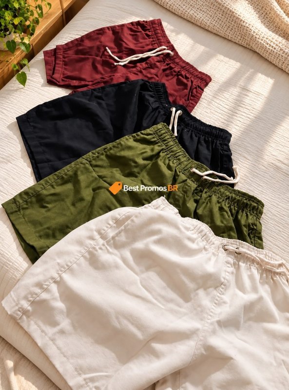 Kit 4 Bermudas Masculinas Linho Cós Elástico Cordão