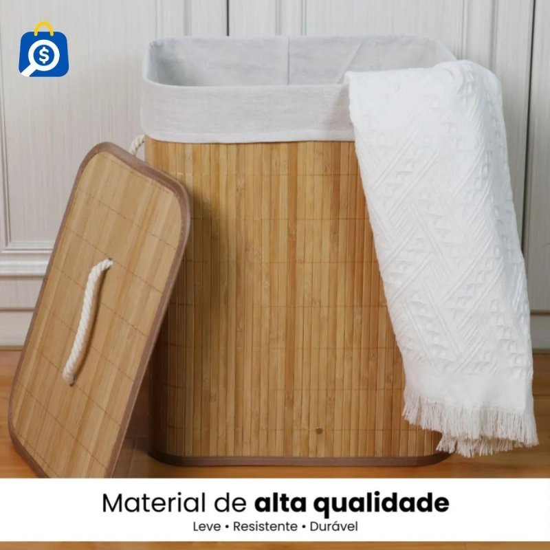 Cesto De Roupa Suja De Bambu Com Tampa E Alças 50 Litros Kontuz